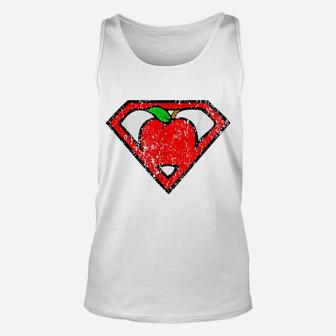Funny Cute Distressed Super Teacher Superhero Apple Shirt Unisex Tank Top | Crazezy UK