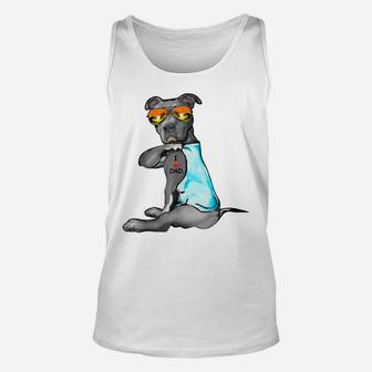 Funny Dog Pitbull I Love Dad Tattoo Glasses Fathers Day Gift Unisex Tank Top | Crazezy UK