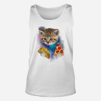 Funny Galaxy Cat Shirt | Space Cat Eat Pizza And Taco Shirt Unisex Tank Top | Crazezy