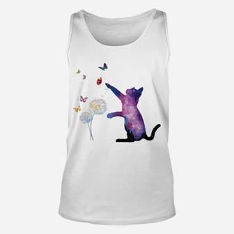 Galaxy Cat Outer Space Butterfly Universe Dandelion Flower Unisex Tank Top | Crazezy