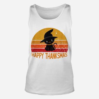 Happy Thanksmas Cat Lovers Black Cat Thanksgiving Christmas Unisex Tank Top | Crazezy CA