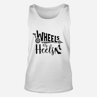 Heels Or Wheels Gender Reveal For Mom Dad Party Shower Unisex Tank Top | Crazezy AU