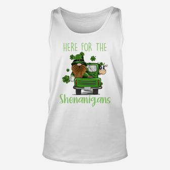 Here For The Shenanigans Gnome Elf Cow St Patricks Day Unisex Tank Top | Crazezy