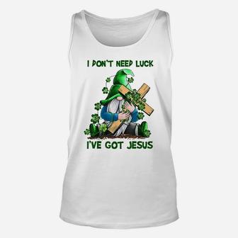 I Don't Need Luck I've Got Jesus Gnome Cross Unisex Tank Top | Crazezy