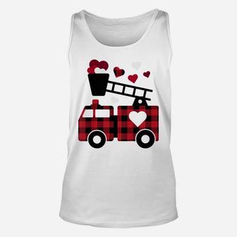 Kids Fire Truck Buffalo Plaid Valentines Day Mom Dad Son Unisex Tank Top | Crazezy