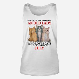 Never Underestimate An Old Lady Who Loves Cats - July Unisex Tank Top | Crazezy CA