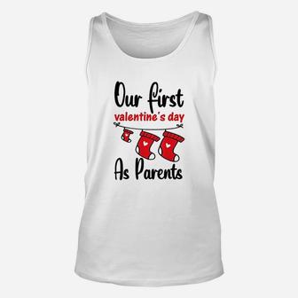 Our First Valentines Day As Parents New Dad Mom Gift Unisex Tank Top | Crazezy UK