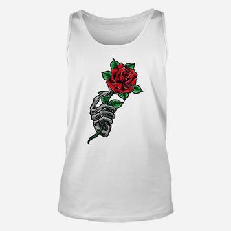 Skeleton Hand Holding A Red Rose Flower Cool Aesthetic Unisex Tank Top | Crazezy AU