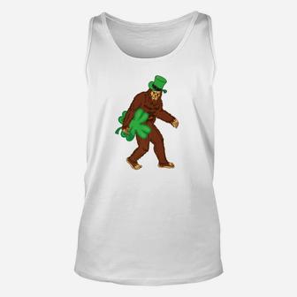 St Patricks Day Bigfoot Holding Shamrock Clover Funny Shirt Unisex Tank Top - Thegiftio UK