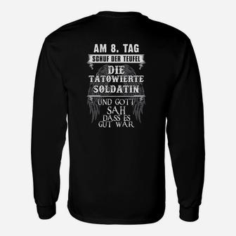 Schwarzes Damen Langarmshirts, Teufel & Tätowierte Soldatin Spruch - Seseable