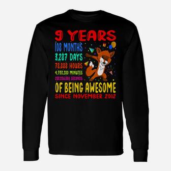 9 Years 108 Months Of Being Awesome 9Th Birthday Dabbing Fox Unisex Long Sleeve | Crazezy CA