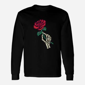 Aesthetic Streetwear Goth Skeleton Hand Red Rose Flower Gift Unisex Long Sleeve | Crazezy