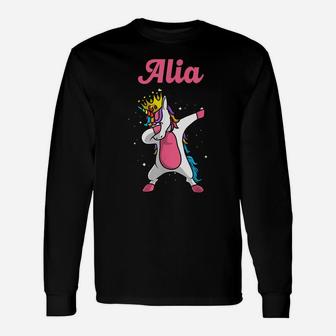 Alia Name Personalized Birthday Dabbing Unicorn Queen Unisex Long Sleeve | Crazezy