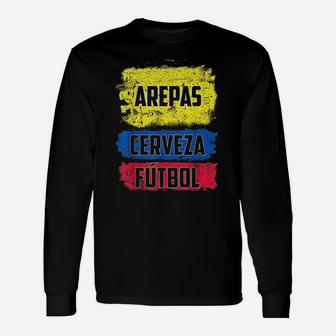 Arepas Cerveza Futbol Colombian Flag Long Sleeve T-Shirt - Thegiftio
