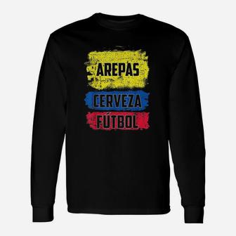 Arepas Cerveza Futbol Colombian Flag Long Sleeve T-Shirt - Thegiftio