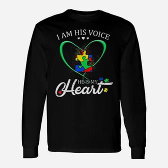 Autism Heart I Am His Voice He Is My Heart Long Sleeve T-Shirt - Monsterry UK