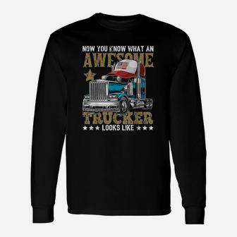 Awesome Trucker American Flag Truck Driver Trucker Hat Gift Unisex Long Sleeve | Crazezy AU