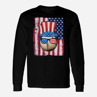 Baseball Ball American Flag 4Th Of July Long Sleeve T-Shirt - Monsterry