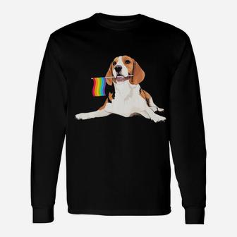 Beagle Holding Rainbow Flag Lesbian Gay Pride Lgbt Long Sleeve T-Shirt - Monsterry DE