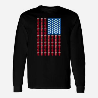 Beer Pong Drinking Game American Flag Long Sleeve T-Shirt - Thegiftio UK