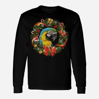 Blue & Gold Macaw Parrot Christmas Wreath Sweatshirt Unisex Long Sleeve | Crazezy