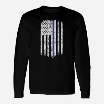 Blue Line Police American Flag Raw Edge Raglan Unisex Long Sleeve | Crazezy