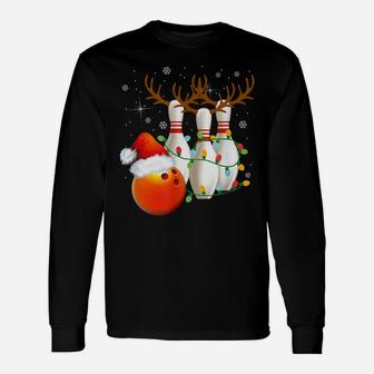 Bowling Gifts Christmas Bowling Santa Hat Christmas Lights Unisex Long Sleeve | Crazezy