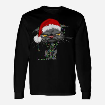 Cat Christmas Lights Grumpy Bored Cat Santa Hat Funny Catmas Unisex Long Sleeve | Crazezy