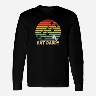Cat Daddy Paw Prints Cat Retro Style Sunset Distressed Long Sleeve T-Shirt - Monsterry AU