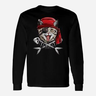 Cat Pirate Jolly Roger Flag Skull And Crossbones Tee Long Sleeve T-Shirt - Thegiftio