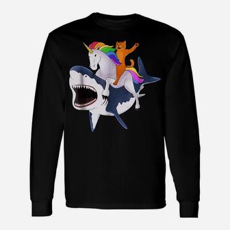 Cat Riding Unicorn Riding Shark Gift Unisex Long Sleeve | Crazezy CA