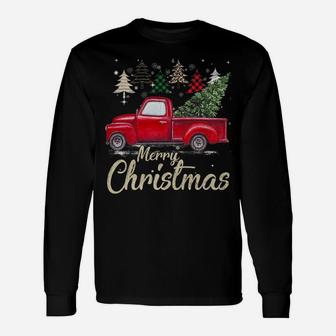 Chrismas Red Truck With Buffalo Plaid And Leopard Xmas Trees Unisex Long Sleeve | Crazezy CA