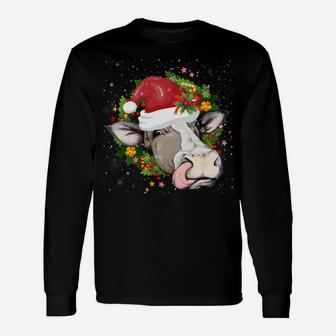 Christmas Cow Head Wreath Cow Wearing Santa Hat Funny Sweatshirt Unisex Long Sleeve | Crazezy