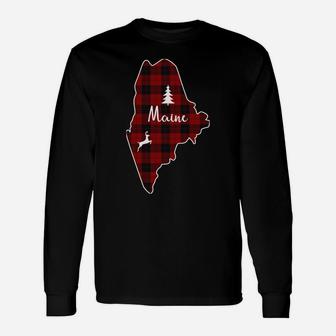 Christmas Gift For Mom Dad Red Plaid Deer Tree Maine State Sweatshirt Unisex Long Sleeve | Crazezy