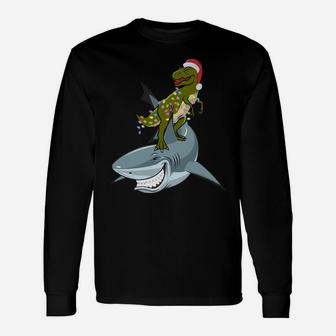 Christmas T-Rex With Xmas Lights Rinding A Shark Gift Funny Sweatshirt Unisex Long Sleeve | Crazezy UK