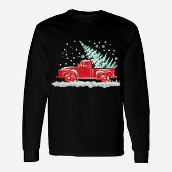 Christmas Tree In Back Of Old Red Pick Up Truck Snowing Unisex Long Sleeve | Crazezy DE