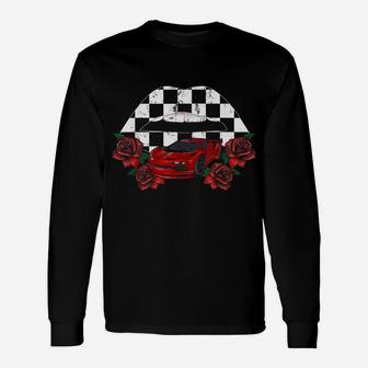 Cool Checkered Lips Kiss Red Rose Flower Car Racing Party Unisex Long Sleeve | Crazezy