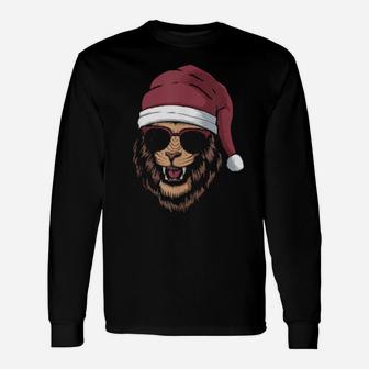 Cool Lion Wearing Sunglasses And Santa Hat Long Sleeve T-Shirt - Monsterry