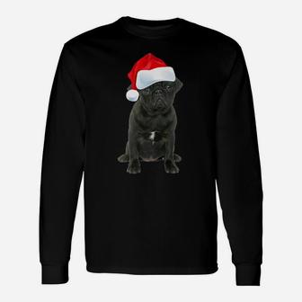 Cute Black Pug Shirt Santa Hat Image Funny Christmas Gift Unisex Long Sleeve | Crazezy