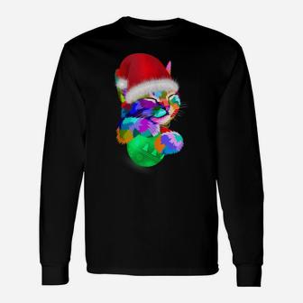 Cute Cat Colorful Funny Santa Hat Christmas Ball Costume Unisex Long Sleeve | Crazezy