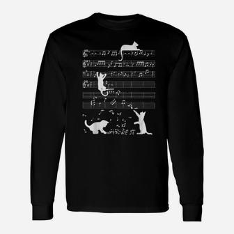 Cute Cat Distressed Music Notes Kitty Piano Musician Long Sleeve T-Shirt - Monsterry AU