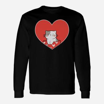 Cute Cat Love Heart Valentines Day Happy Valentines Day Long Sleeve T-Shirt - Seseable