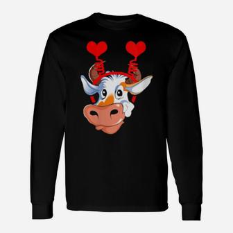 Cute Cow With Heart Head Boppers Headband Valentines Day Long Sleeve T-Shirt - Monsterry