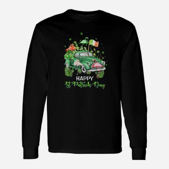 Cute Flamingo Truck Shamrock Green St Patrick Day Long Sleeve T-Shirt - Monsterry