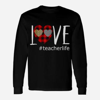 Cute Love Teacher Life Buffalo Plaid Heart Valentines Day Long Sleeve T-Shirt - Monsterry AU