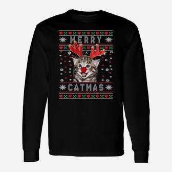 Cute Merry Catmas Cat Lovers Reindeer Antlers Ugly Christmas Unisex Long Sleeve | Crazezy DE