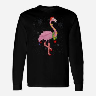 Cute Pink Flamingo With Snow, Lights And Santa Hat Christmas Unisex Long Sleeve | Crazezy