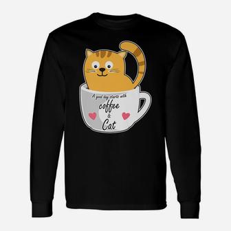 Cute Smiling Coffee Cat Funny Caffeine Lovers Unisex Long Sleeve | Crazezy CA