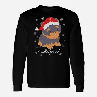 Cute Yorkie Puppy In Santa Hat And Snowflakes Believe Long Sleeve T-Shirt - Monsterry UK