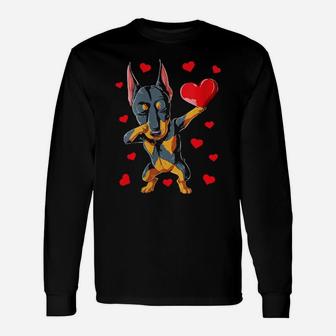 Dabbing Doberman Heart Valentines Day Men Women Dog Long Sleeve T-Shirt - Monsterry